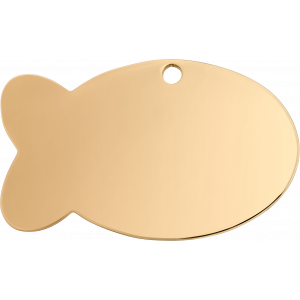 Medaglietta Pesce in Oro Medaglietta gatto a forma di pesce in acciaio inox dorato 30×20 mm, finitura liscia e foro per fissaggio al collare.
