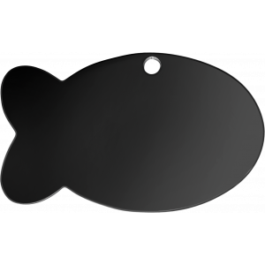 Medaglietta Pesce in Nero Medaglietta gatto a forma di pesce in acciaio inox nero 30×20 mm, bordi arrotondati e foro per fissaggio al collare.