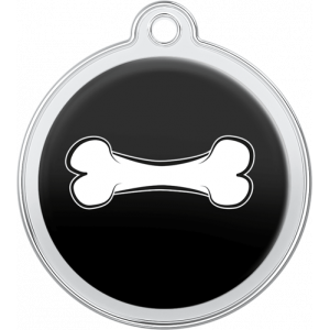 Runde schwarze hundemarke aus Edelstahl, 30×33 mm, mit weißem Knochendesign und Loch zur Befestigung am Halsband.