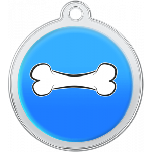 Médaille chien ronde bleue 30×33 mm, acier inox avec os blanc, trou supérieur pour attache facile au collier.
