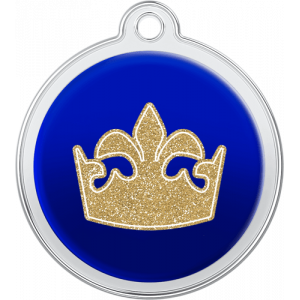 Hundemarke Königinnen Kronen-Design Blau Runde blaue hundemarke aus Edelstahl, 30×33 mm, mit goldglitzernder Königinnenkrone und Loch zur Halsbandanbringung.