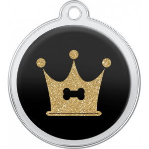 Médaille Chien Design Couronne Os Noir Médaille chien ronde noire 30×33 mm, acier inox avec os et couronne dorés à paillettes, trou supérieur pour collier.