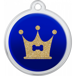 Hundemarke Kronen-Knochen-Design Blau Runde blaue hundemarke aus Edelstahl, 30×33 mm, mit goldener Glitzer-Krone und Knochen, Loch zur Befestigung oben.
