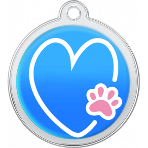 Hundemarke Herz-Pfoten-Design Blau Runde blaue hundemarke aus Edelstahl, 30×33 mm, mit weißem Herz und rosa Pfote, Loch zur Befestigung am Halsband.