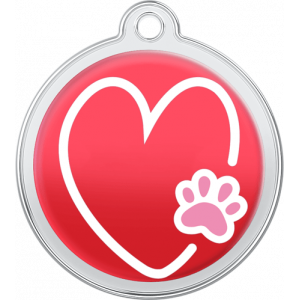 Medaglietta Design Cuore-Zampa Rosso Medaglietta cane tonda rossa in acciaio inox 30×33 mm con cuore bianco e zampa rosa, foro superiore per collare.