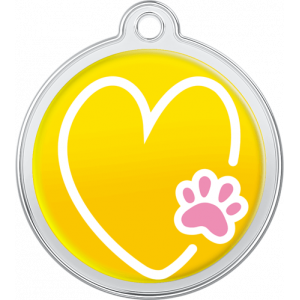 Médaille Chien Design Coeur-Patte Jaune Médaille chien ronde jaune 30×33 mm, motif cœur blanc et patte rose, trou supérieur pour fixation au collier.