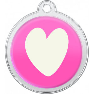 Hundemarke Herzdesign Weiß Runde pinke hundemarke aus Edelstahl, 30×33 mm, mit großem weißem Herzmotiv und oberem Loch zur Halsbandbefestigung.