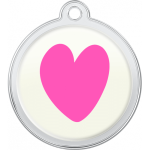 Médaille Chien Design Coeur Rose Médaille chien ronde blanche 30×33 mm, motif grand cœur rose, trou supérieur pour attache facile au collier.