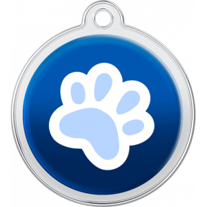Hundemarke Pfotendesign Blau Runde blaue hundemarke aus Edelstahl, 30×33 mm, mit weiß-blauem Pfotenmotiv und oberem Loch zur Halsbandbefestigung.