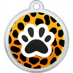 Médaille chien ronde orange 30×33 mm, motif léopard et patte noire, trou supérieur pour fixation facile au collier.