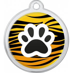 Runde hundemarke im Tigerlook aus Edelstahl, 30×33 mm, mit schwarzer Pfote und Loch zur Halsbandanbringung.