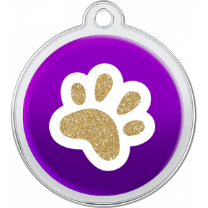 Medaglietta Design Zampa Viola Medaglietta cane tonda viola in acciaio inox 30×33 mm con zampa dorata glitter, foro superiore per fissaggio al collare.