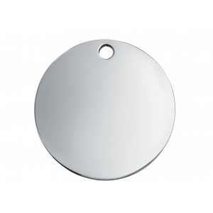 Médaille chien ronde argentée élégante, finition miroir en acier inox, gravure personnalisée recto verso nom et contact.