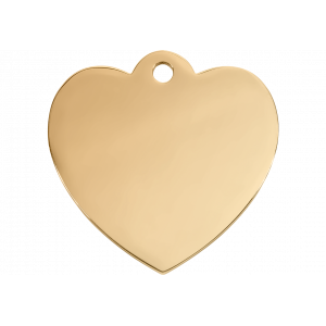 Goldene hundemarke in Herzform aus poliertem Edelstahl, beidseitig gravierbar mit Hundename und Telefonnummer.