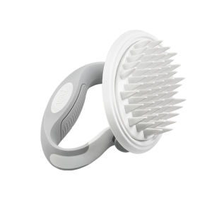 Brosse de Toilettage Relaxante pour Chien avec Poignée Brosse blanche pour chien avec picots en silicone et manche gris rotatif, pour un toilettage doux et efficace.