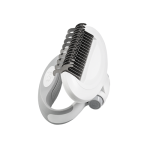 Pettine Rastrello per Sottopelo per Cani e Gatti con Manico Pettine bianco rimuovi nodi con denti curvi in acciaio inox e manico grigio rotante, ideale per nodi e pelo morto.