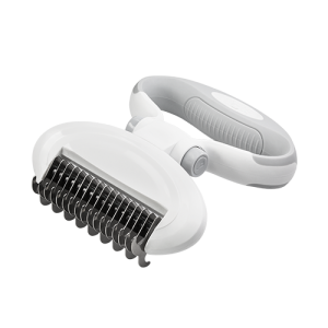 Pettine Rastrello per Sottopelo per Cani e Gatti con Manico Rastrello sottopelo per cani e gatti con manico grigio removibile e denti metallici, per mantelli medi o lunghi.