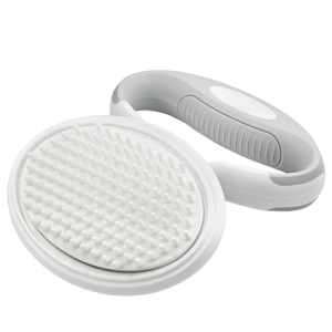 Brosse chat avec coussin à picots blancs et manche gris détachable, pour entretien doux du pelage.