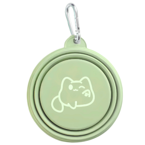 Gamelle Pliable pour Chien - Légère et Idéale pour les Aventures en Plein Air Gamelle pliable verte pour chien en silicone avec dessin chat, mousqueton pour transport facile, médaille chien.