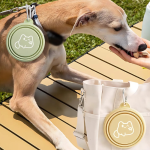 Gamelle Pliable pour Chien - Légère et Idéale pour les Aventures en Plein Air Chien mangeant une friandise en laisse, gamelle verte à côté et bol beige clipsé à sac blanc, avec médaille chien.