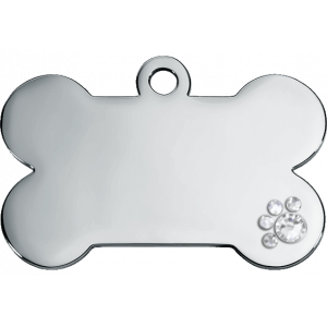 Médaille Chien Os Argent Luxe Médaille chien luxe argentée en os, acier inox avec patte cristal, gravée recto verso avec nom et coordonnées complètes.