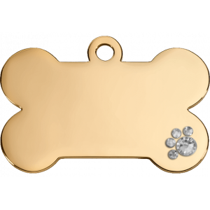 Médaille chien luxe dorée en forme d’os, acier inoxydable avec patte cristal, gravure personnalisée recto verso.