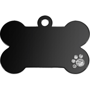 Hundemarke Knochen Schwarz Deluxe Elegante schwarze hundemarke in Knochenform mit Kristallpfote, aus Edelstahl, beidseitig graviert mit Kontaktdaten.