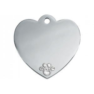 Medaglietta A Cuore In Argento Deluxe Medaglietta cane cuore in acciaio inox argento con zampa in cristallo, incisa su entrambi i lati con nome, indirizzo e contatti.