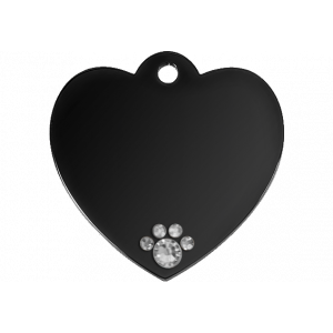 Medaglietta A Cuore In Nero Deluxe Medaglietta cane cuore in acciaio inox nero con zampa in cristallo, incisa su entrambi i lati con nome, indirizzo e contatti.